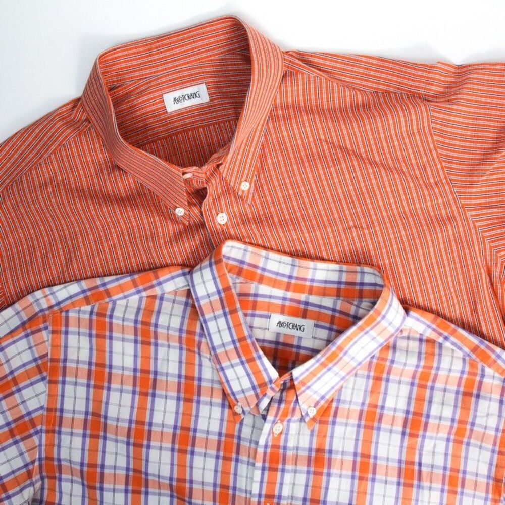 Ascot Chang BIG GUYS Lot x2 Orange Plaid Mens 18.5 Button Down Shirts Cotton